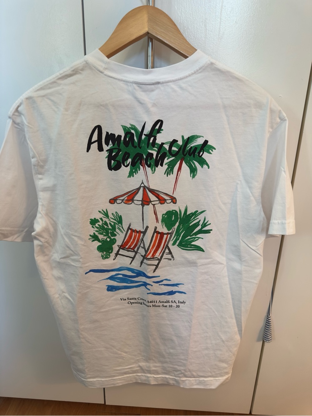H&M White Amalfi Beach Club Graphic Tee with Green & Red Print